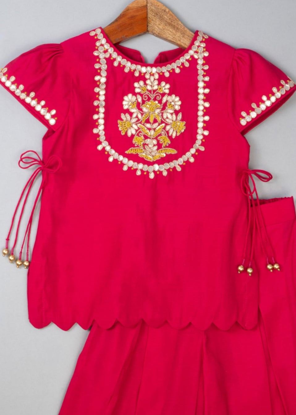 Pink Cotton Knot Embroidered Top With Palazzo Set