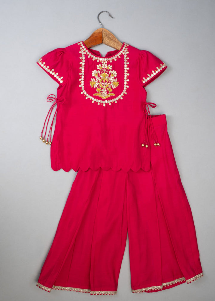 Pink Cotton Knot Embroidered Top With Palazzo Set