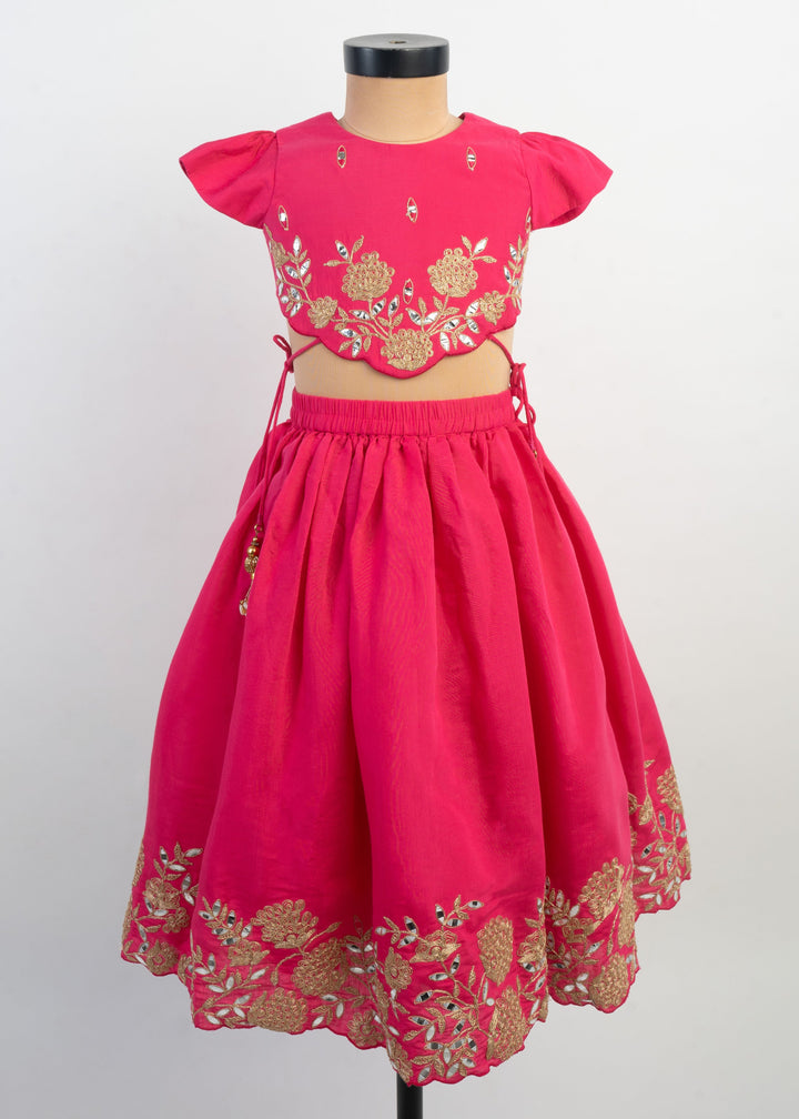 Pink Thread Embroidered Top With Ghagra Set