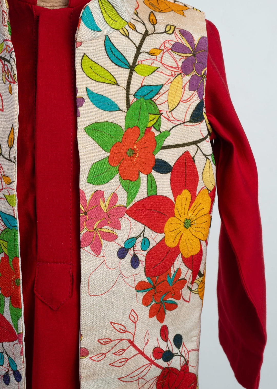 Beige Floral Nehru Jacket Kurta With Pyjama  Set