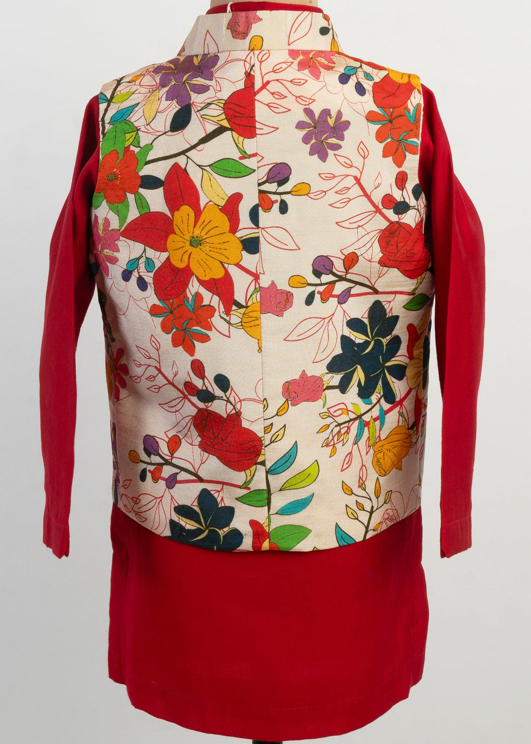 Beige Floral Nehru Jacket Kurta With Pyjama  Set