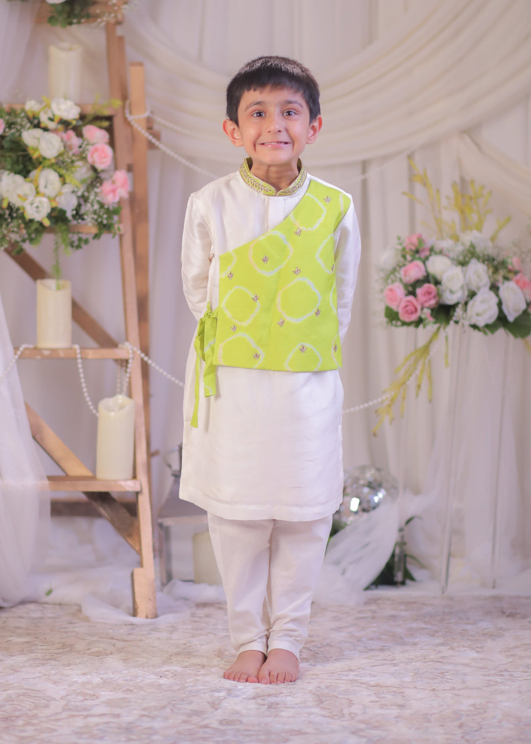 Green And White Bandhej Side Cut Kurta With Churidar Set