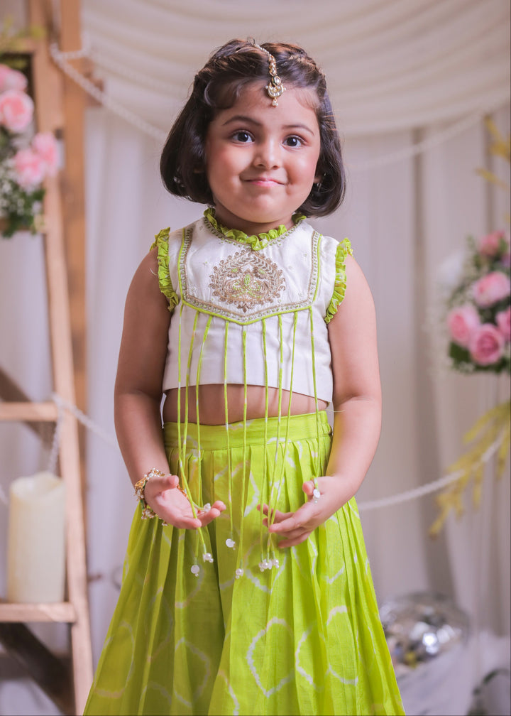 Green Bandhej Embroidered Silk Top With Palazzo Set
