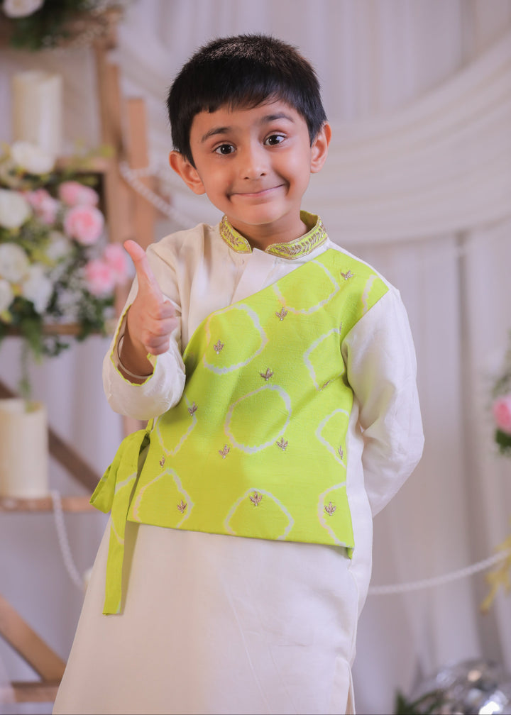 Green And White Bandhej Side Cut Kurta With Churidar Set