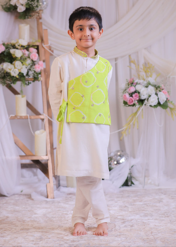 Green And White Bandhej Side Cut Kurta With Churidar Set