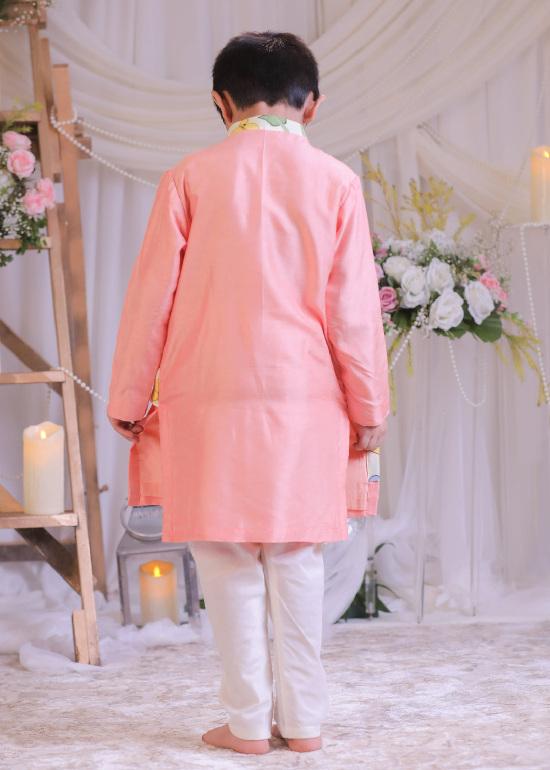 Peach And Off White Roman Silk Boho Kurta With Churidar Set