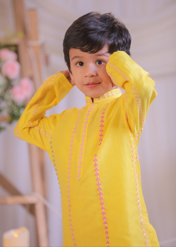 Yellow Chanderi Silk Kurta With Churidar Set