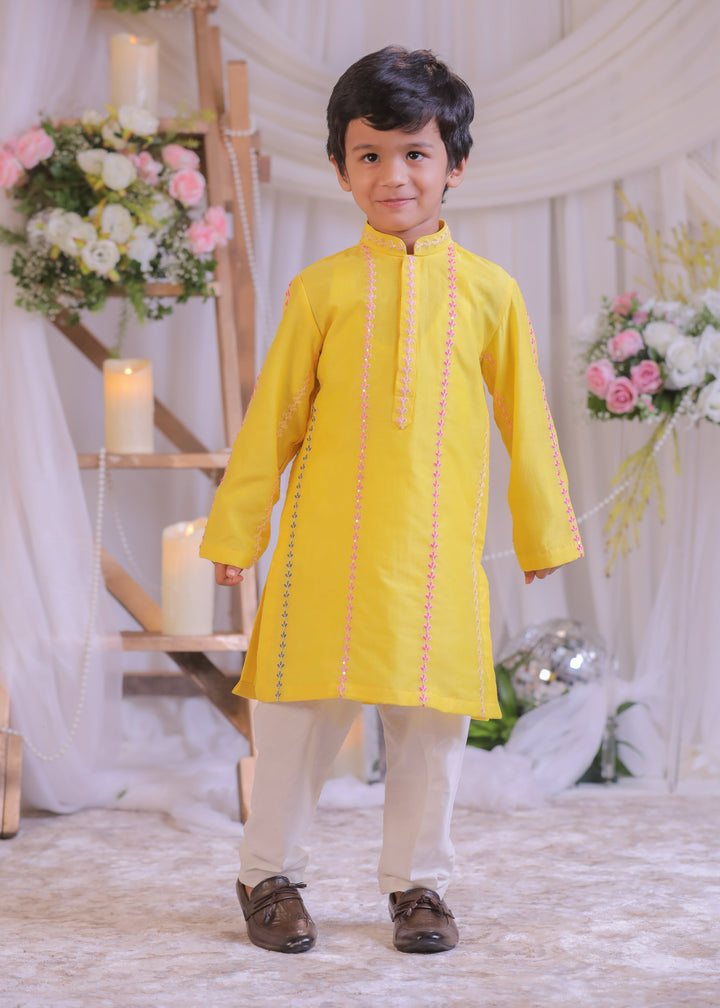 Yellow Chanderi Silk Kurta With Churidar Set