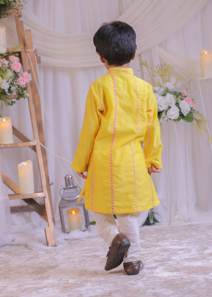 Yellow Chanderi Silk Kurta With Churidar Set