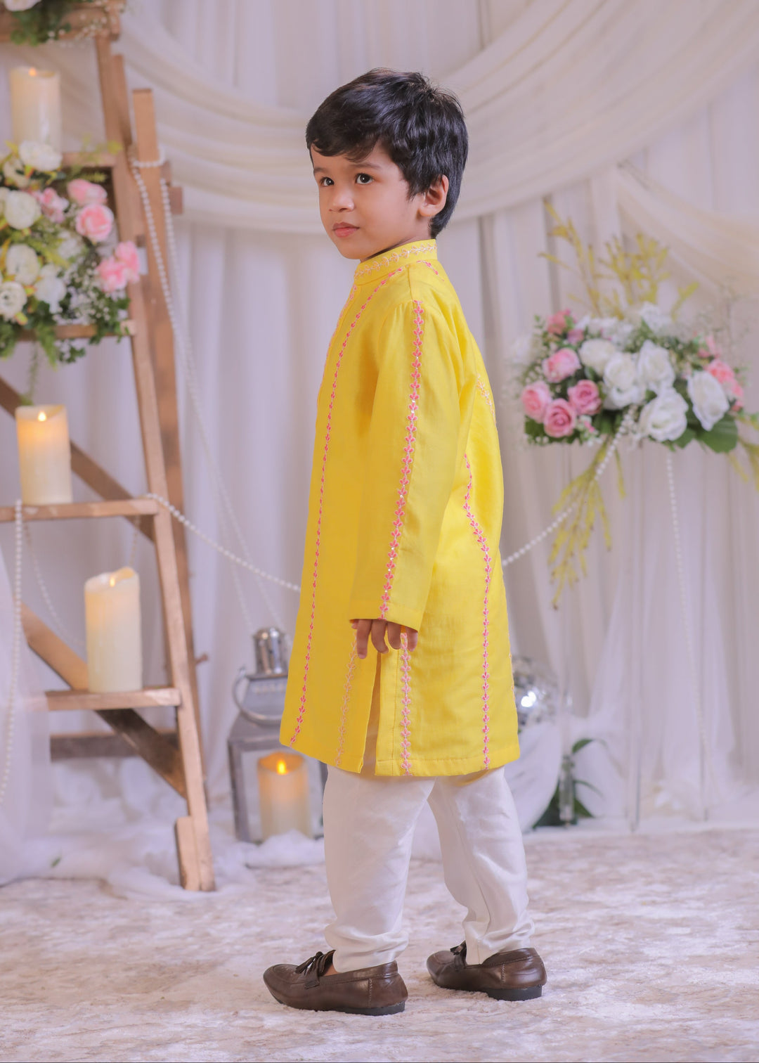 Yellow Chanderi Silk Kurta With Churidar Set