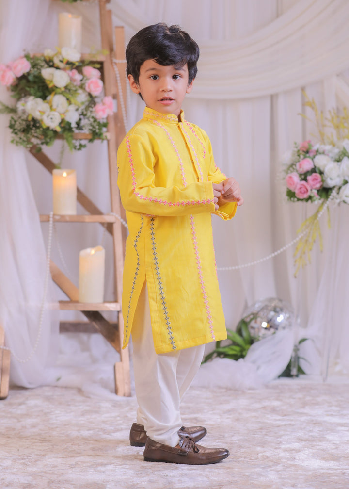 Yellow Chanderi Silk Kurta With Churidar Set