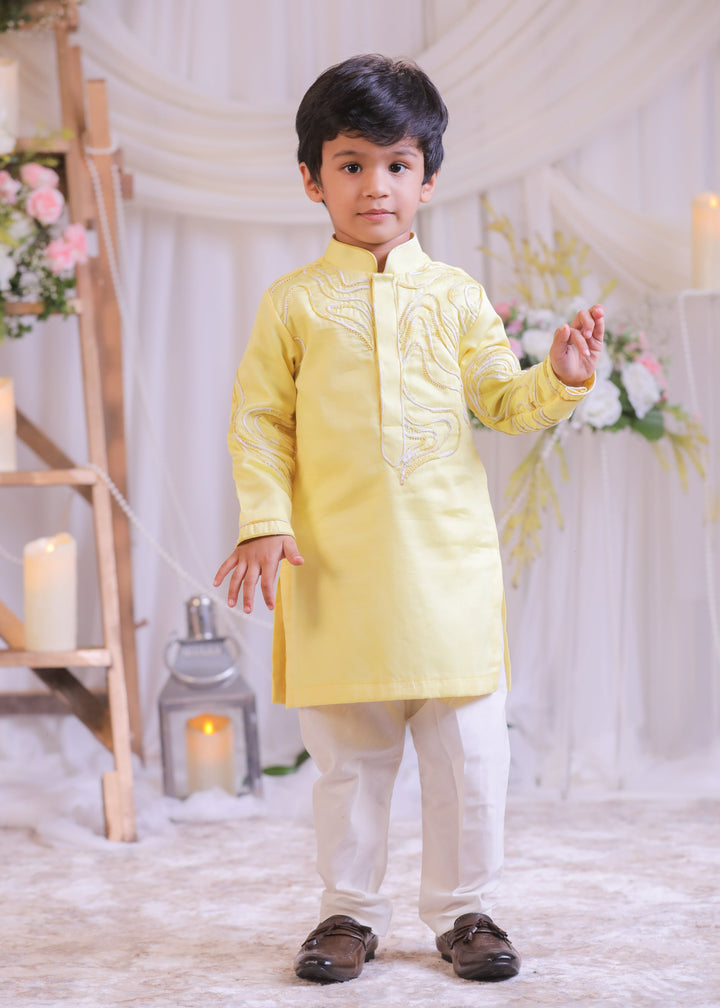 Lemon Yellow Shibori Butter Cotton Kurta With Churidar Pyjama Set