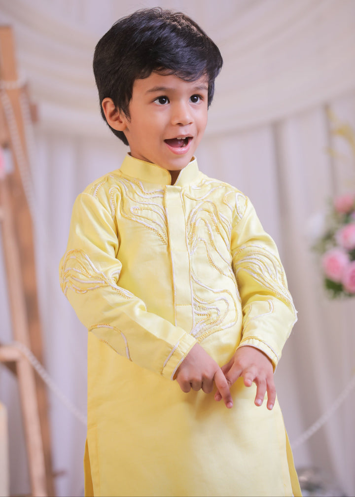 Lemon Yellow Shibori Butter Cotton Kurta With Churidar Pyjama Set