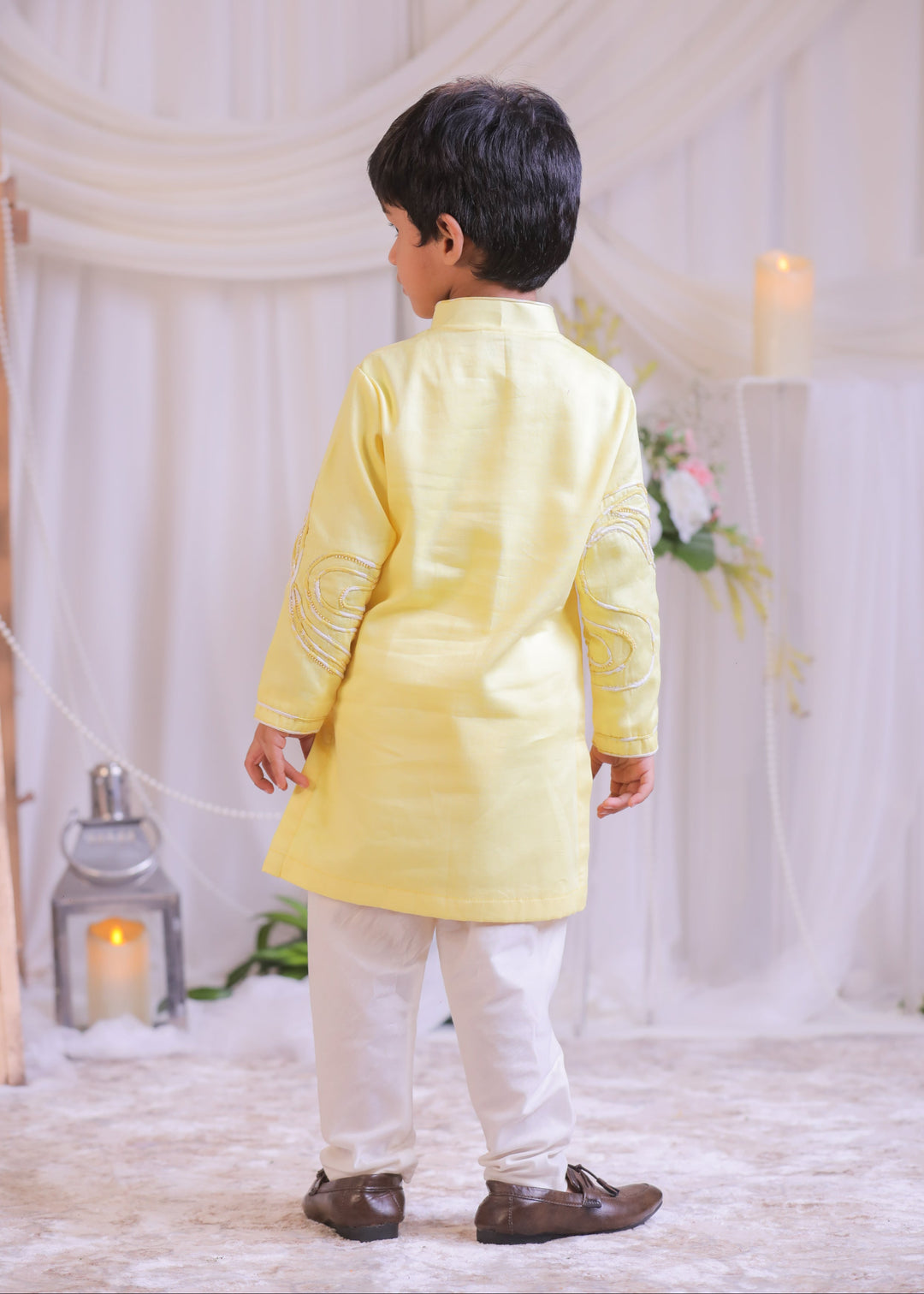 Lemon Yellow Shibori Butter Cotton Kurta With Churidar Pyjama Set