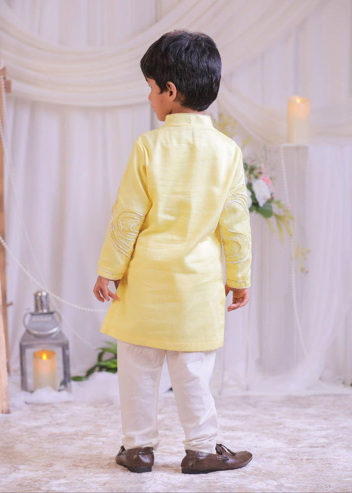 Lemon Yellow Shibori Butter Cotton Kurta With Churidar Pyjama Set