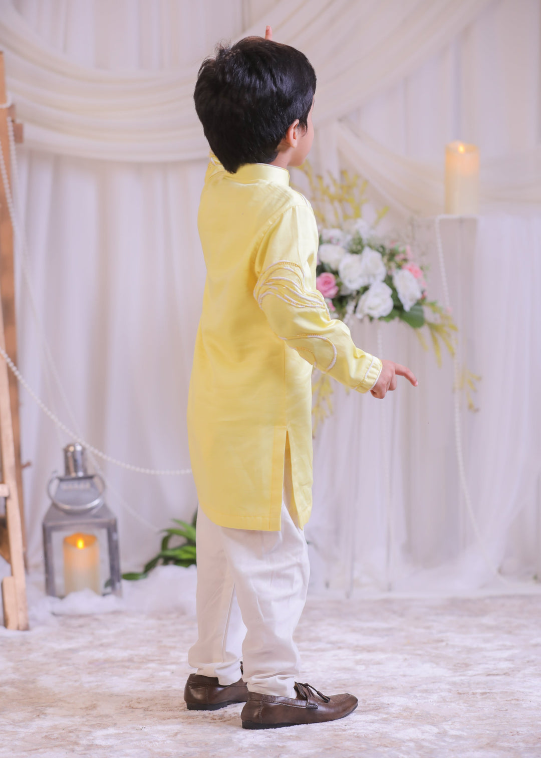 Lemon Yellow Shibori Butter Cotton Kurta With Churidar Pyjama Set