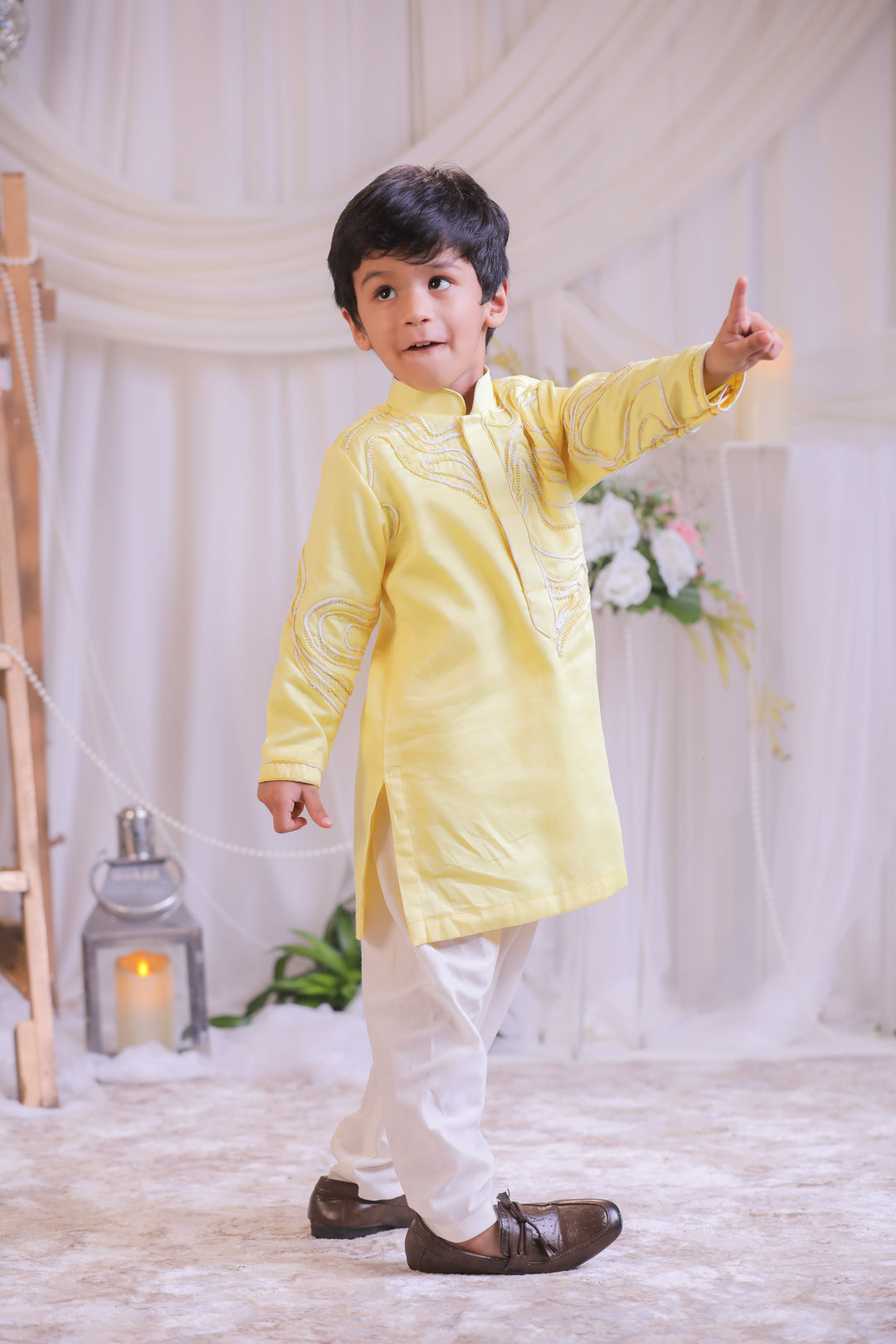 Lemon Yellow Shibori Butter Cotton Kurta With Churidar Pyjama Set