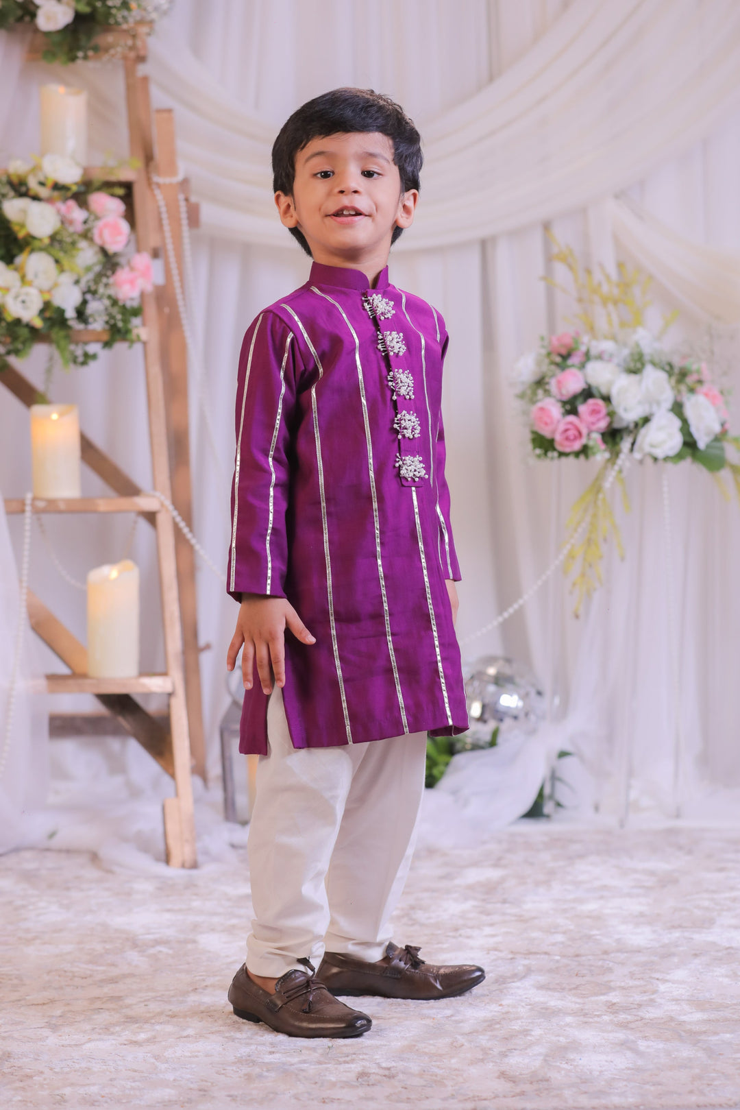 Purple Cut Dana Silk Kurta With Churidar Pyjama Set