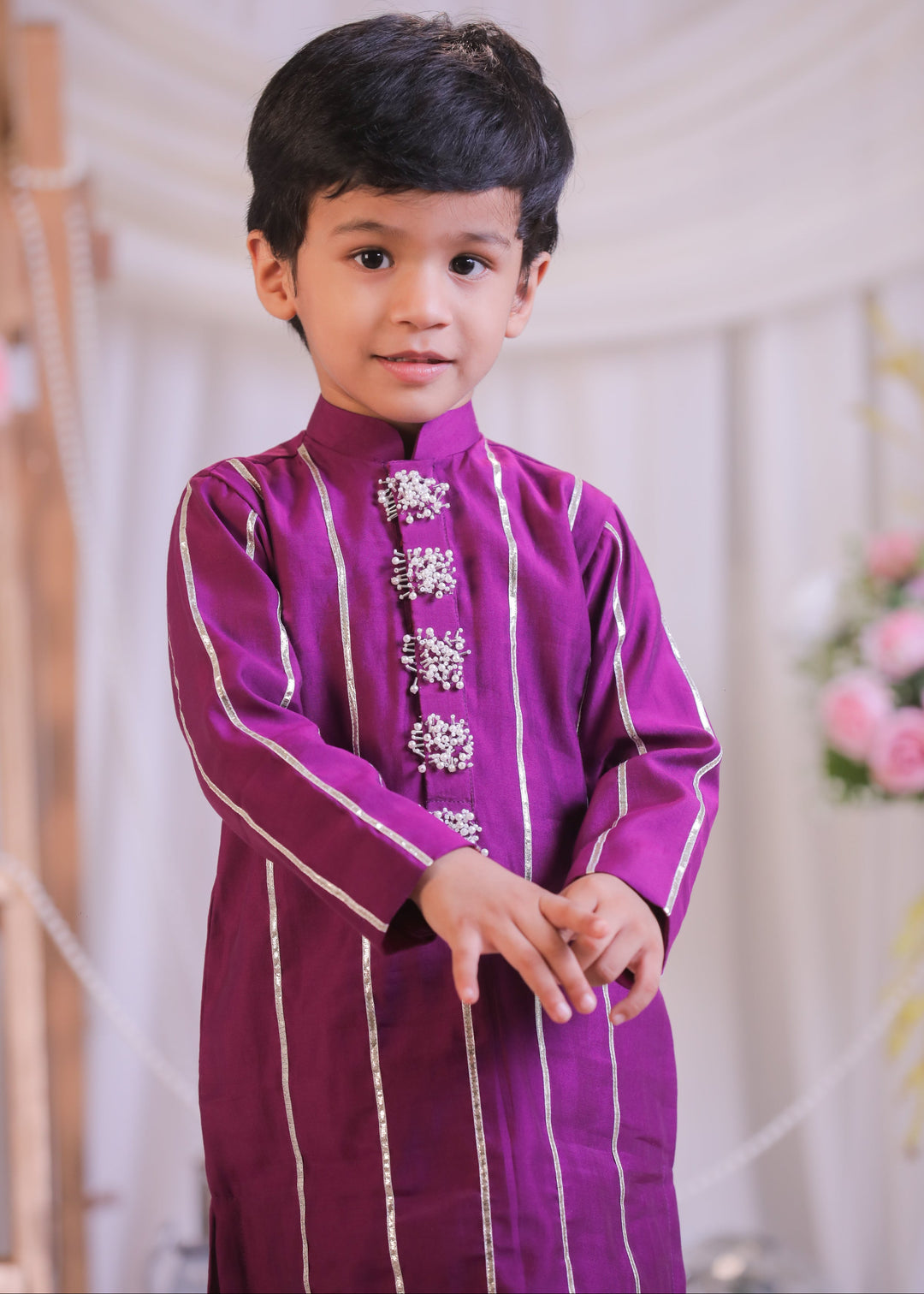Purple Cut Dana Silk Kurta With Churidar Pyjama Set