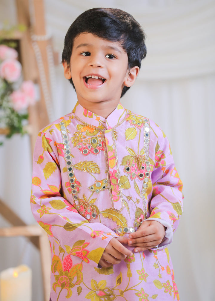 Lilac Pure Silk Muslin Printed Mirror Kurta With Churidar Pyjama Set