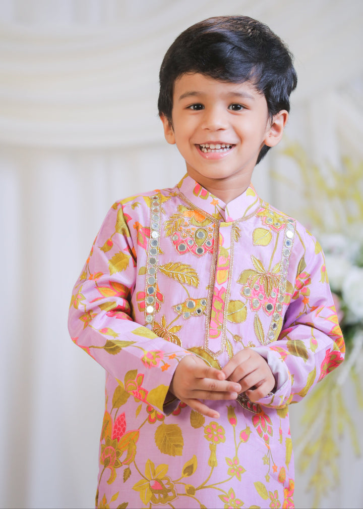 Lilac Pure Silk Muslin Printed Mirror Kurta With Churidar Pyjama Set