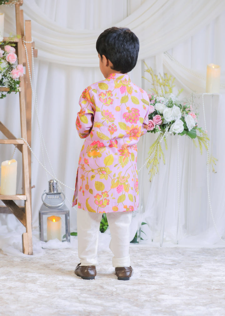 Lilac Pure Silk Muslin Printed Mirror Kurta With Churidar Pyjama Set
