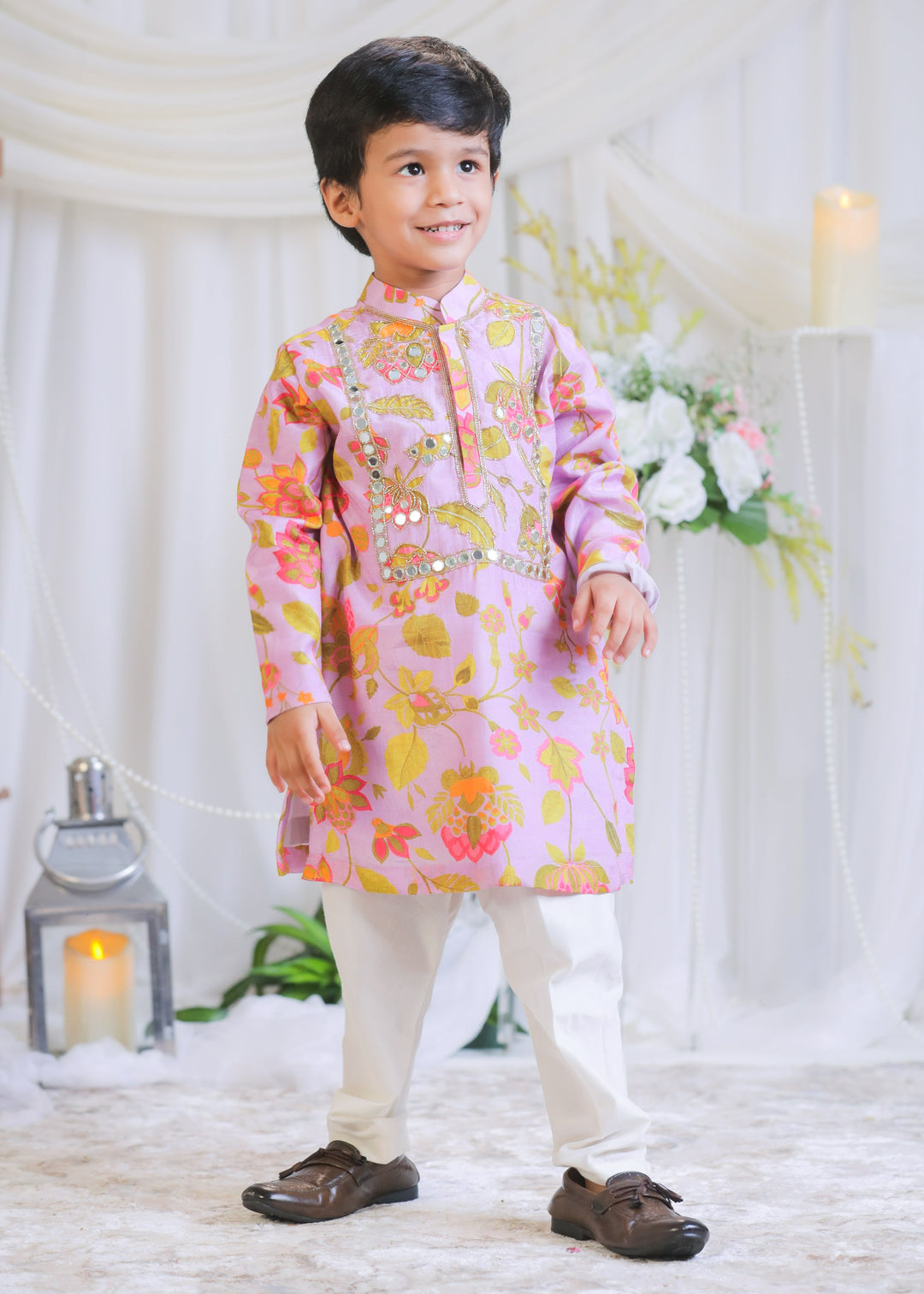 Lilac Pure Silk Muslin Printed Mirror Kurta With Churidar Pyjama Set