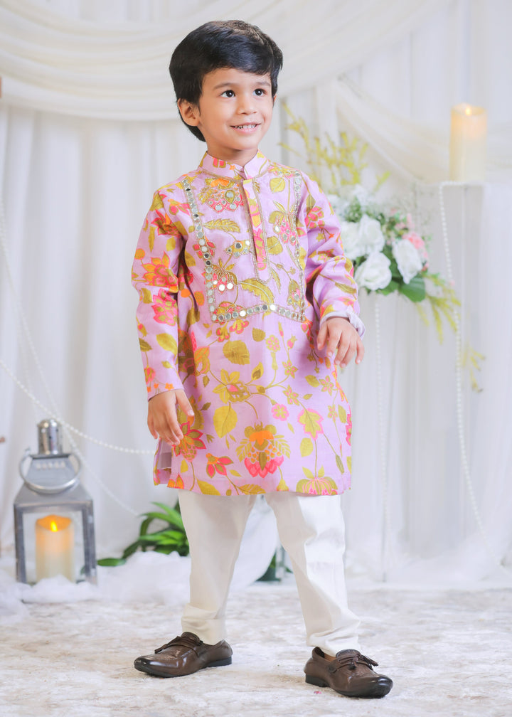 Lilac Pure Silk Muslin Printed Mirror Kurta With Churidar Pyjama Set