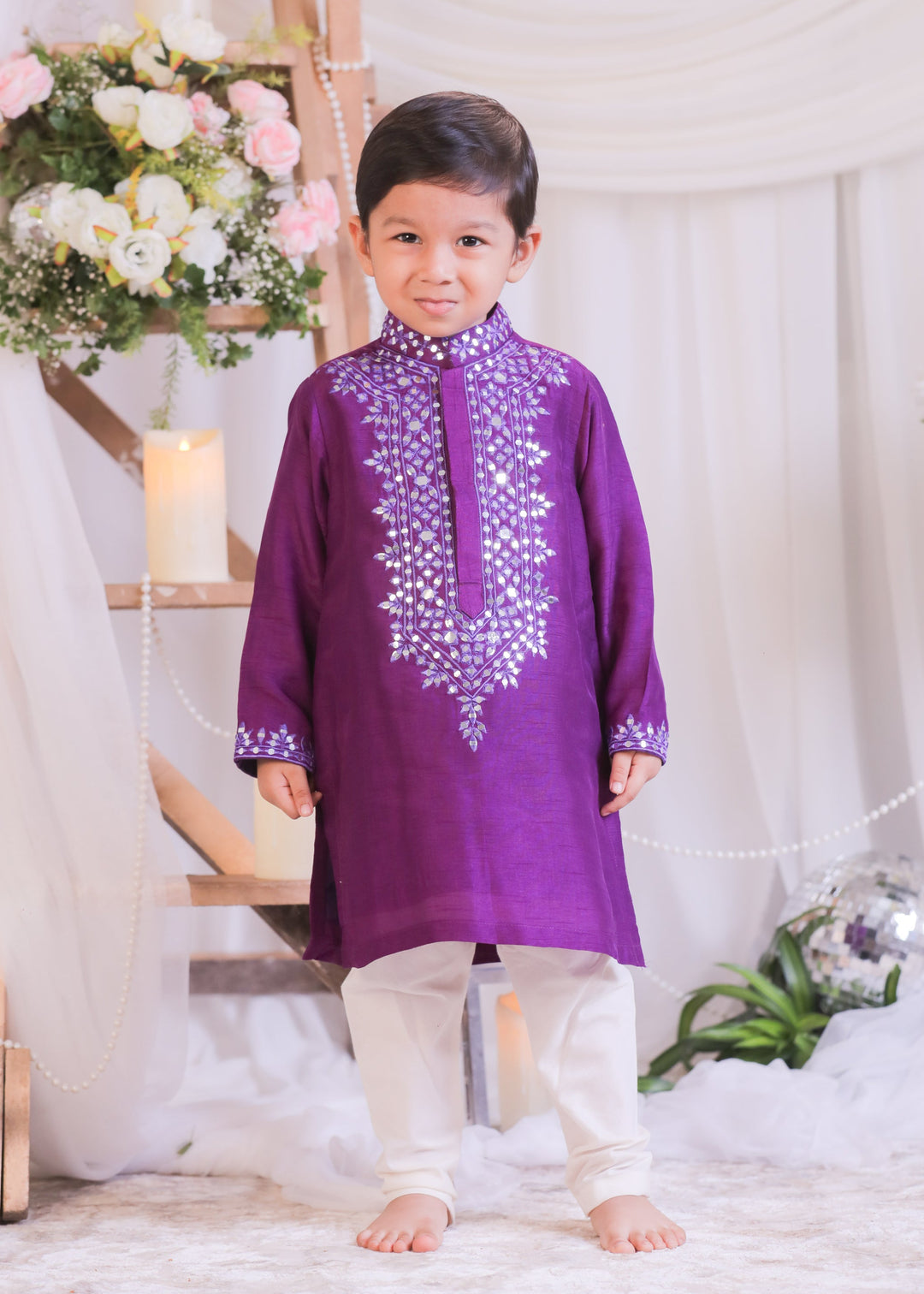 Purple Roman Silk Abla Mirror Kurta With Churidar Pyjama Set