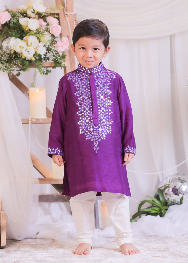 Purple Roman Silk Abla Mirror Kurta With Churidar Pyjama Set