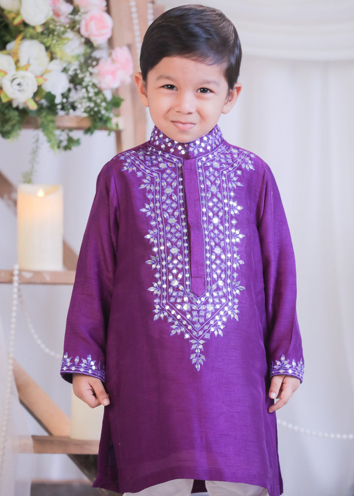 Purple Roman Silk Abla Mirror Kurta With Churidar Pyjama Set