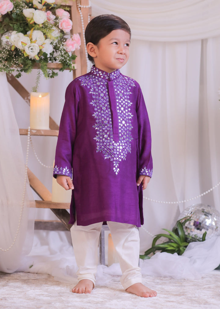 Purple Roman Silk Abla Mirror Kurta With Churidar Pyjama Set
