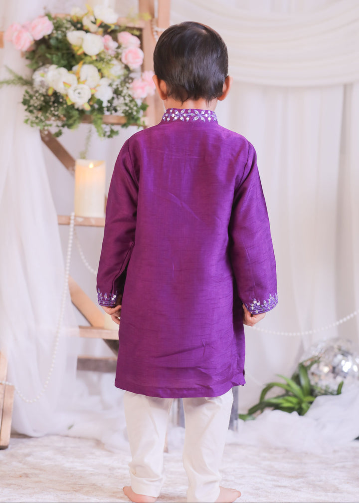 Purple Roman Silk Abla Mirror Kurta With Churidar Pyjama Set
