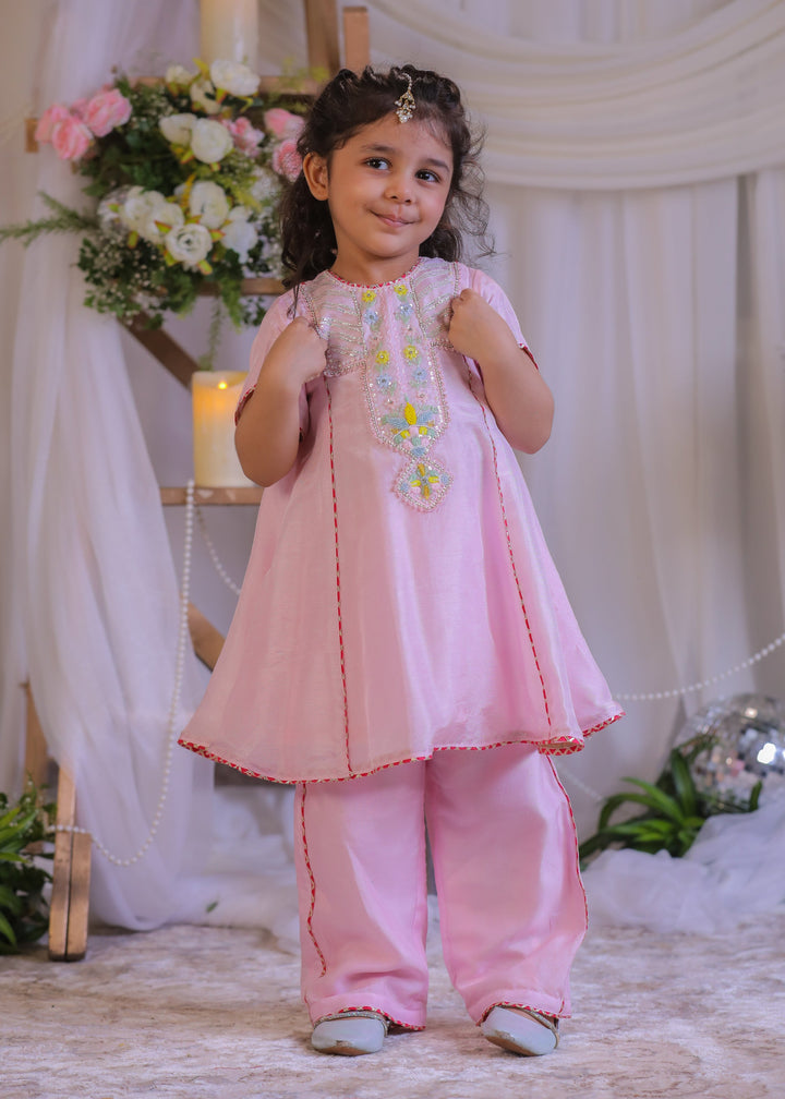 Pink Roman Silk Sequins Embroidered Kurta With Palazzo Set