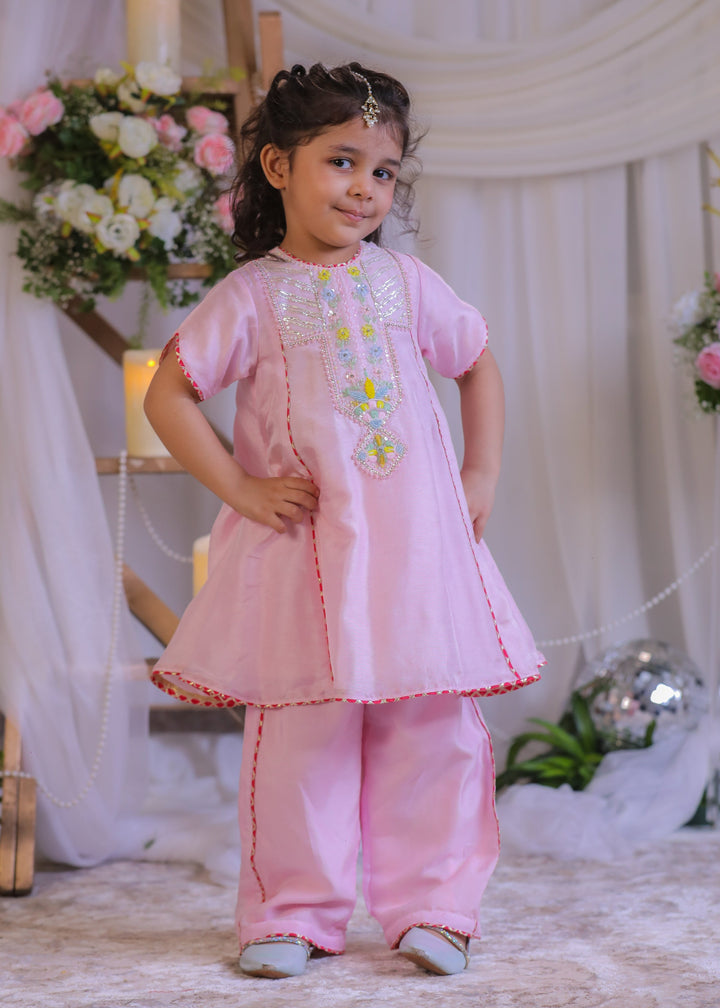 Pink Roman Silk Sequins Embroidered Kurta With Palazzo Set