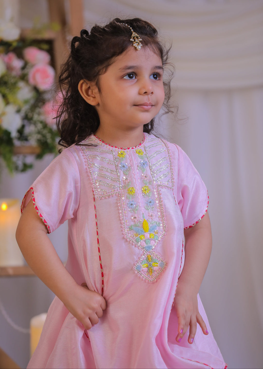 Pink Roman Silk Sequins Embroidered Kurta With Palazzo Set