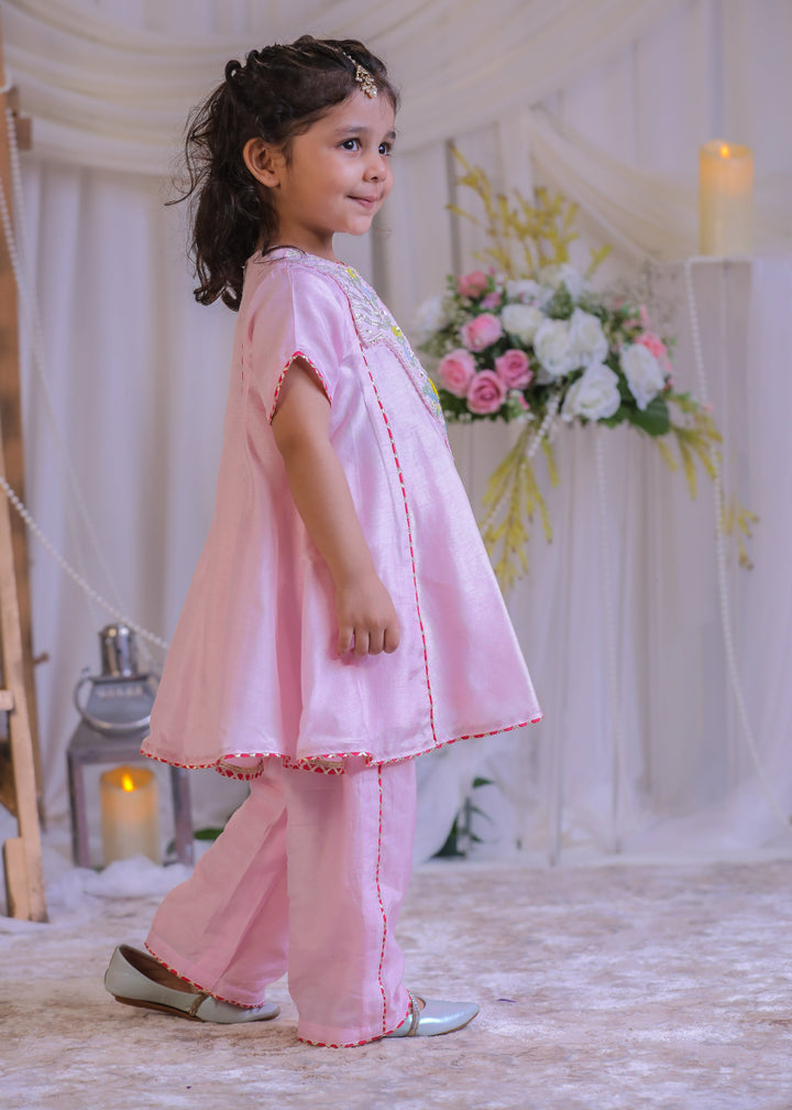 Pink Roman Silk Sequins Embroidered Kurta With Palazzo Set