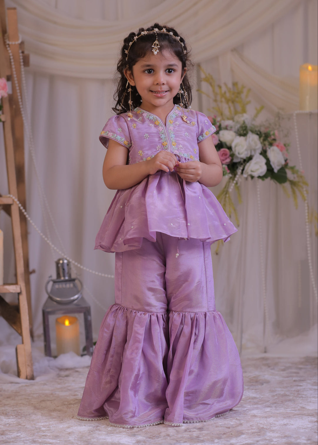Purple Shimmer Silk Embroidered Tissue Kurta With Sharara Set