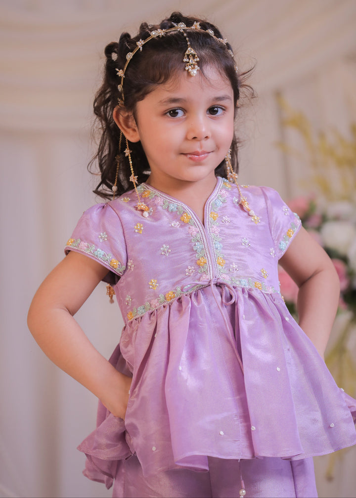 Purple Shimmer Silk Embroidered Tissue Kurta With Sharara Set