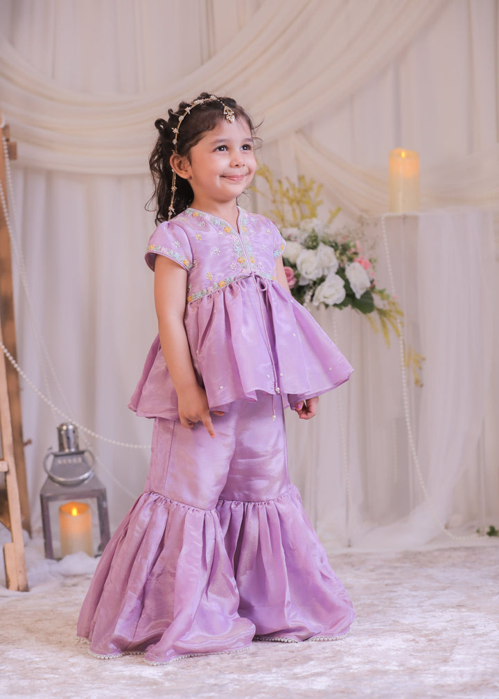 Purple Shimmer Silk Embroidered Tissue Kurta With Sharara Set