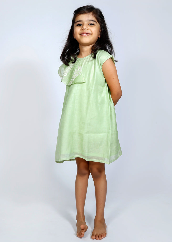 Green Chanderi Hand Embroidered Asymmetrical Frill Dress
