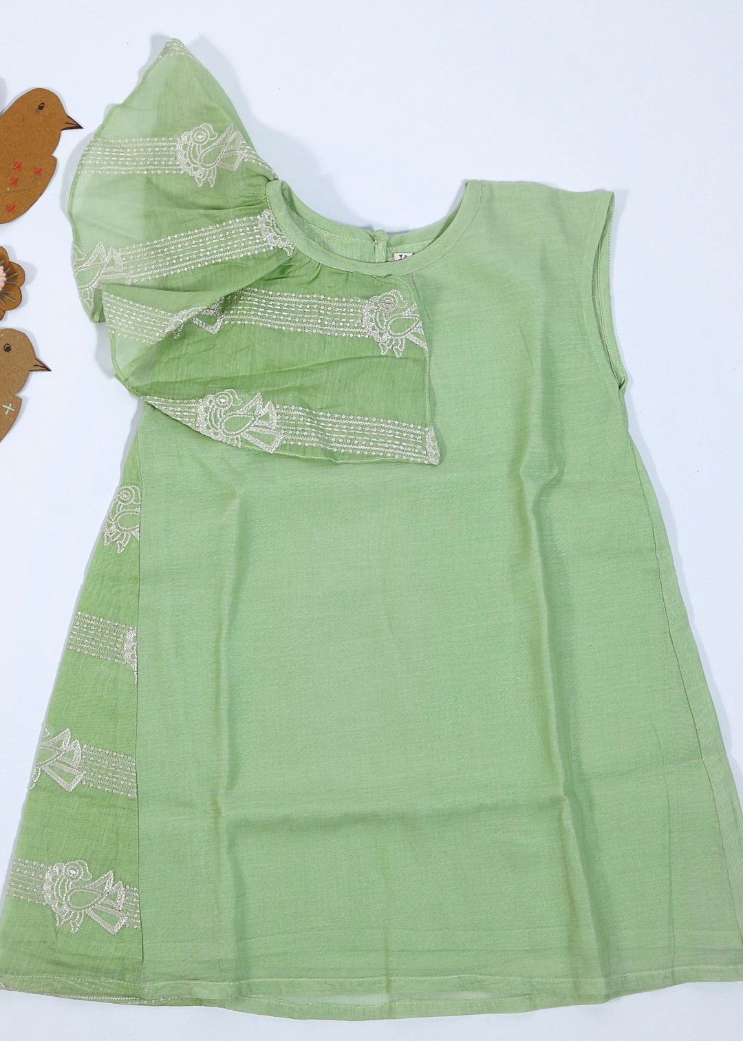 Green Chanderi Hand Embroidered Asymmetrical Frill Dress