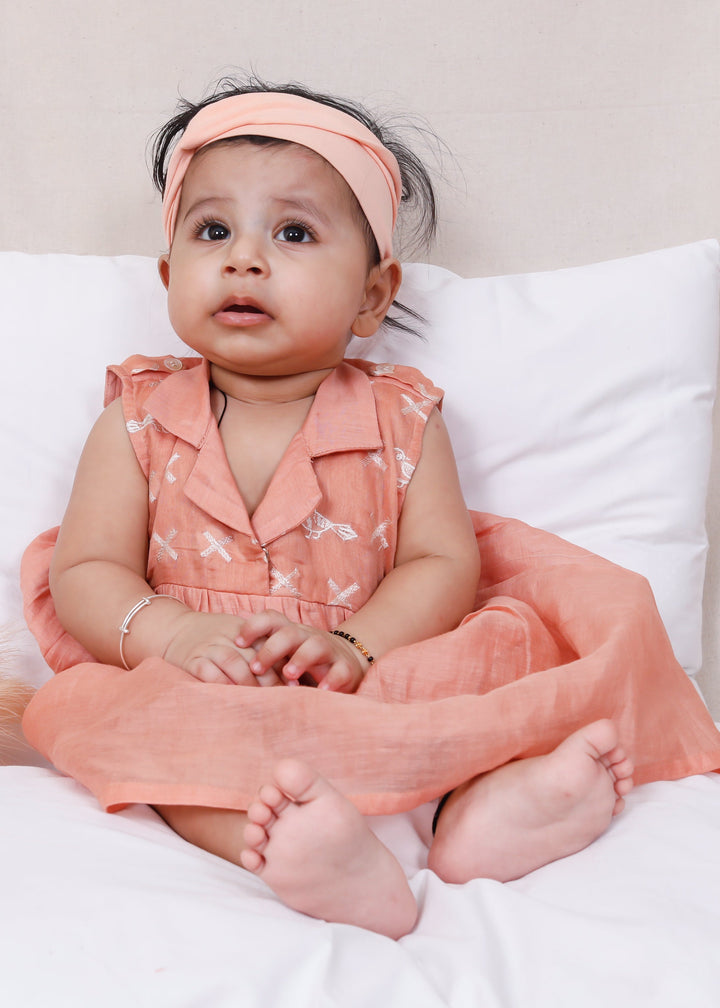 Peach Chanderi Infant Girl Collar Dress
