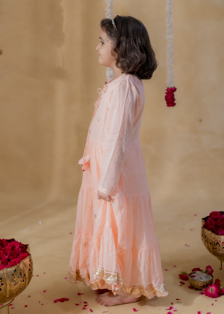 Pink Heart Motifs Meher Tiered Malmal Kurta With Pyjama Set