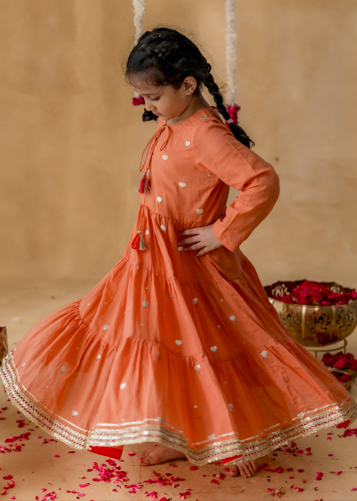Orange Heart Motifs Meher Tiered Malmal Kurta With Pyjama Set