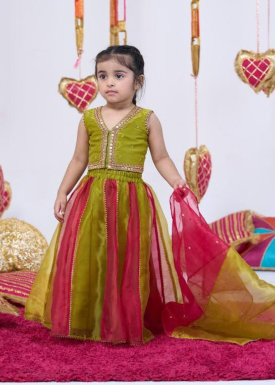 Red And Green Metal Work Top With Lehenga Set