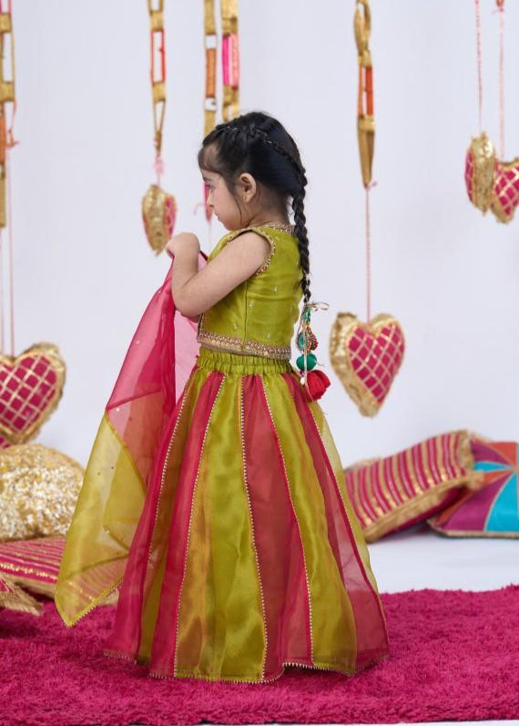 Red And Green Metal Work Top With Lehenga Set