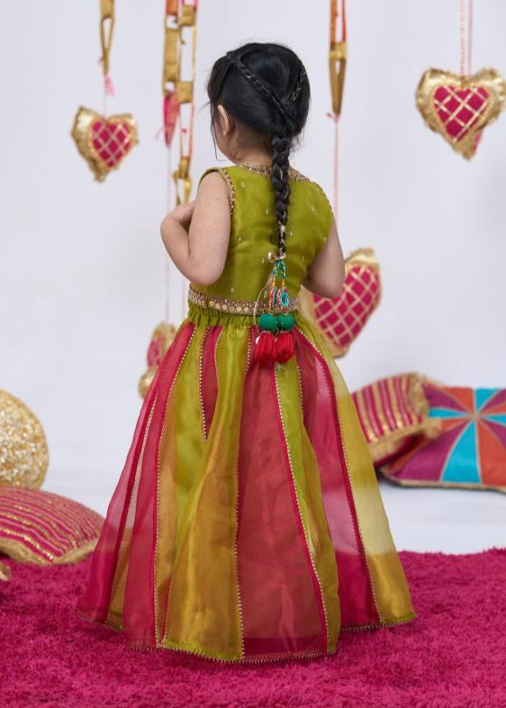 Red And Green Metal Work Top With Lehenga Set