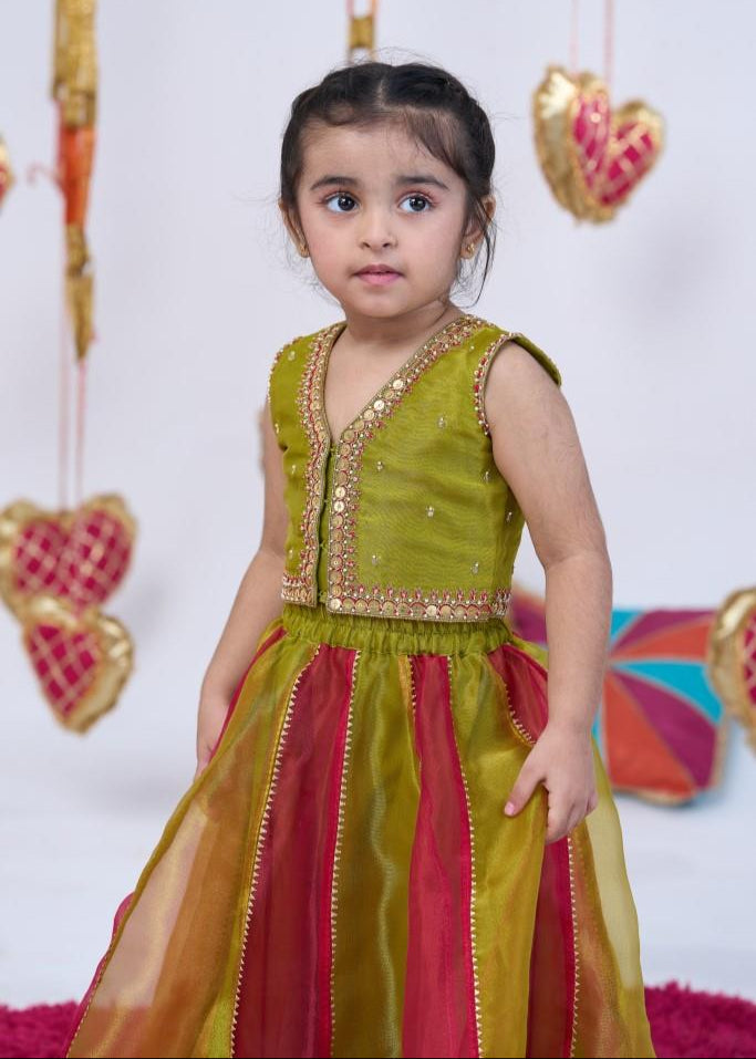 Red And Green Metal Work Top With Lehenga Set