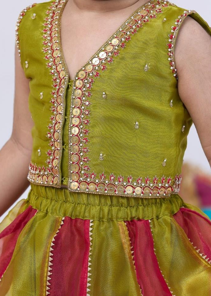 Red And Green Metal Work Top With Lehenga Set